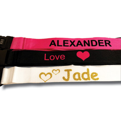 kofferiem diverse kleuren met tekst Alexander, Jade , love